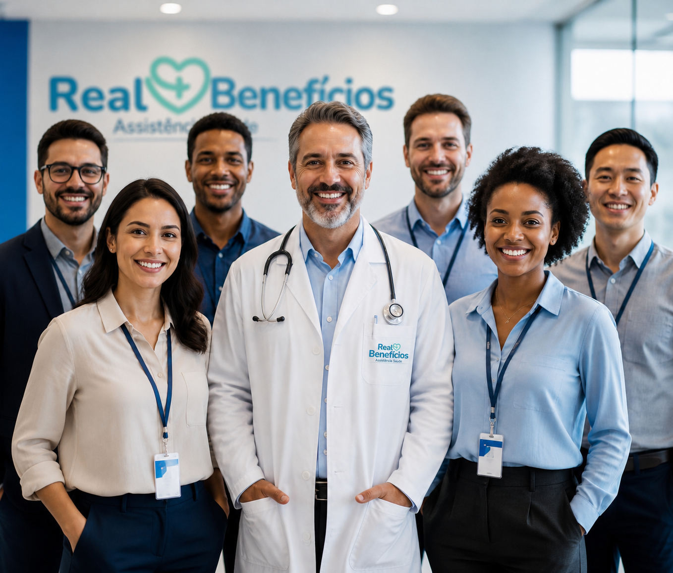 Equipe Real Mais Benefícios e médico sorrindo